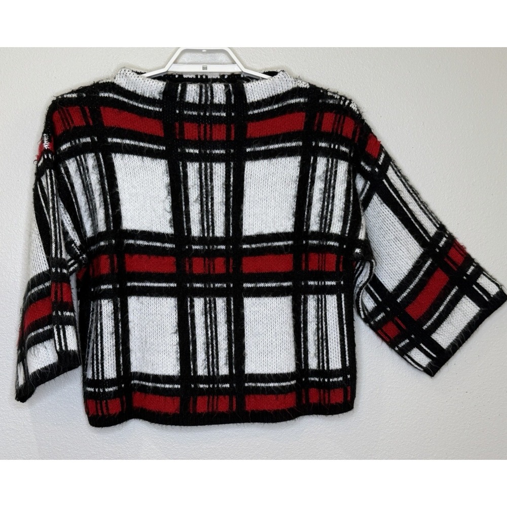 Madison Hill Pullover Sweater Womens XL Fuzzy Red Black White Plaid 3/4 Sleeve‎